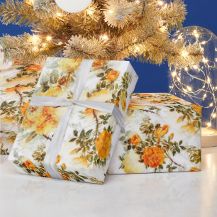 PAPEL DE PRESENTE BELAS FLORES LARANJA E AMARELO EM EMBALAGEM BRANCA