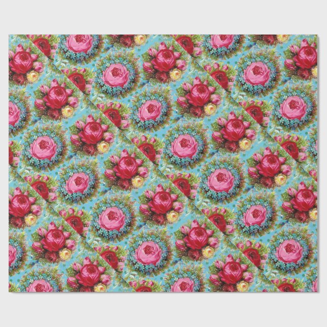 PAPEL DE PRESENTE BELAS ROSAS VERMELHAS ROSADAS AMARELAS EM AZUL (Aberto)