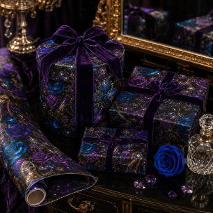Papel De Presente Beleza Floral em Tom de Joia da Meia-Noite