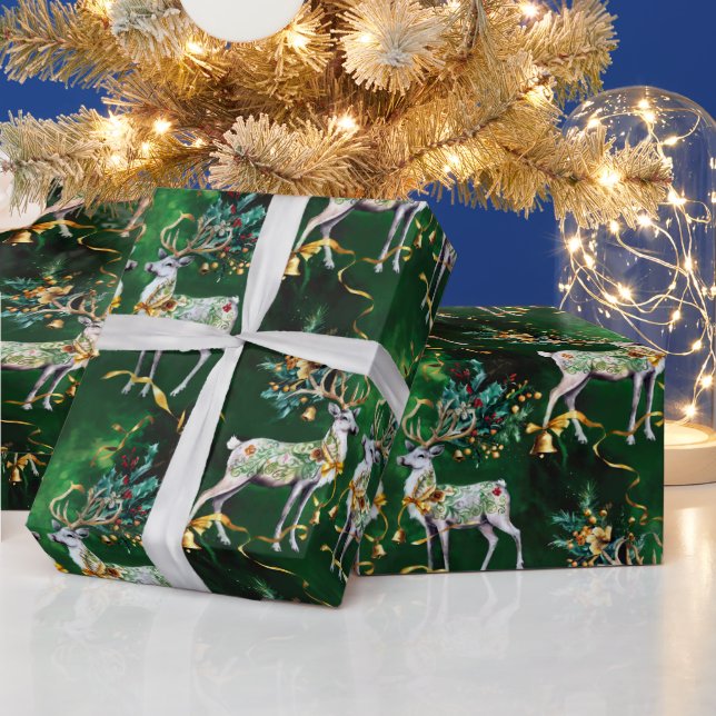 Papel De Presente Bells & Reindeers Dourados de Natal clássicos (Feriados)