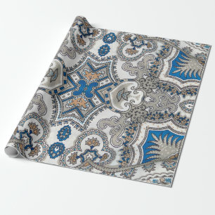 Papel De Presente Belo arabesco branco e azul, padrão islâmico