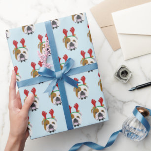 Papel De Presente Belo Bulldog Inglês com Reindeer Hat - Natal