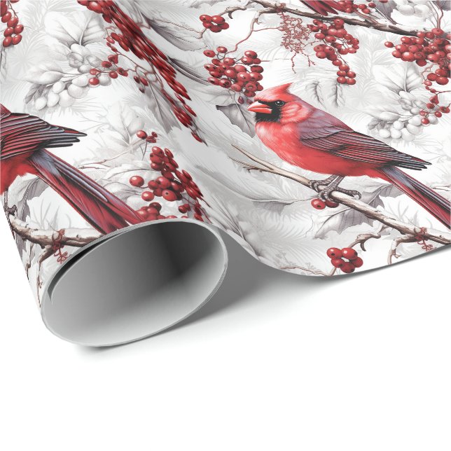 Papel De Presente Belo Cardeal Vermelho no Snowy Branch Winter (Ponta do rolo)