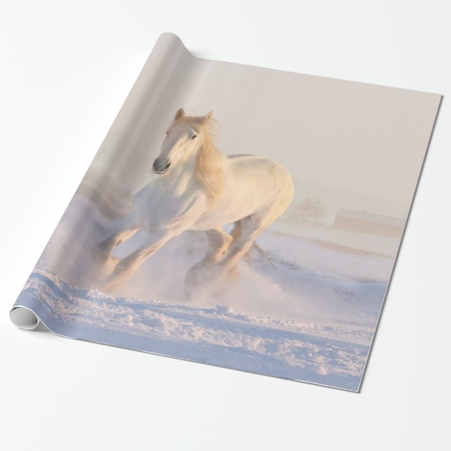 Papel De Presente Belo Cavalo Branco Galopando na Neve (Desenrolado)