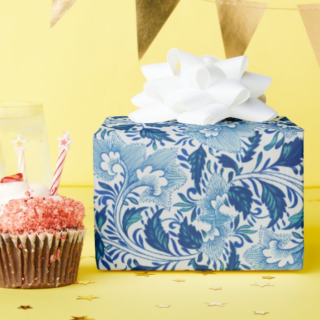 Papel De Presente Belo Damasco Azul (Festa de aniversário)