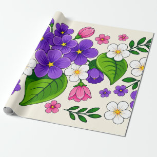 Papel De Presente Belo Design Floral Roxo, Rosa e Branco