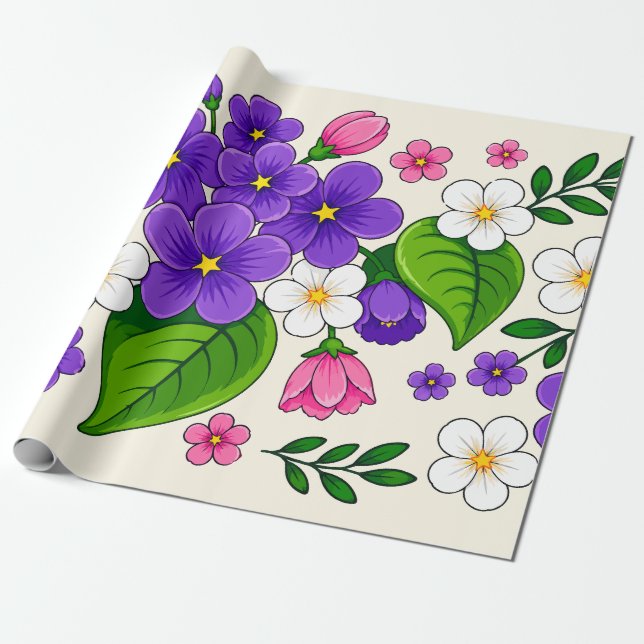 Papel De Presente Belo Design Floral Roxo, Rosa e Branco (Desenrolado)