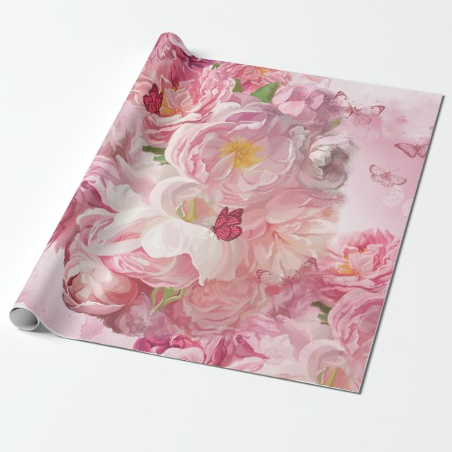 Papel De Presente Belo jardim de flores rosa (Desenrolado)