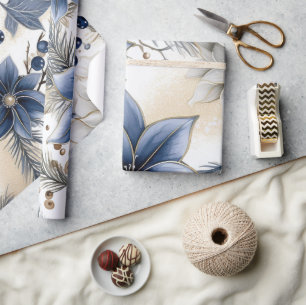 Papel De Presente Belo Natal Azul, Berries, Floral