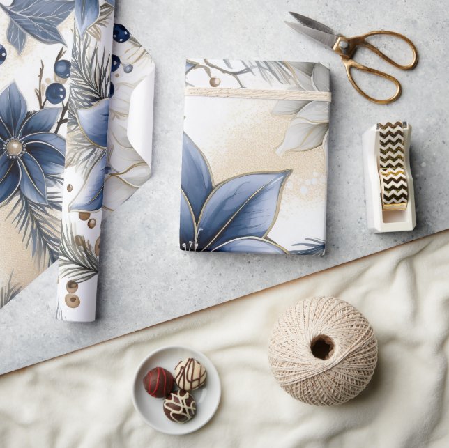 Papel De Presente Belo Natal Azul, Berries, Floral (Artesanato)