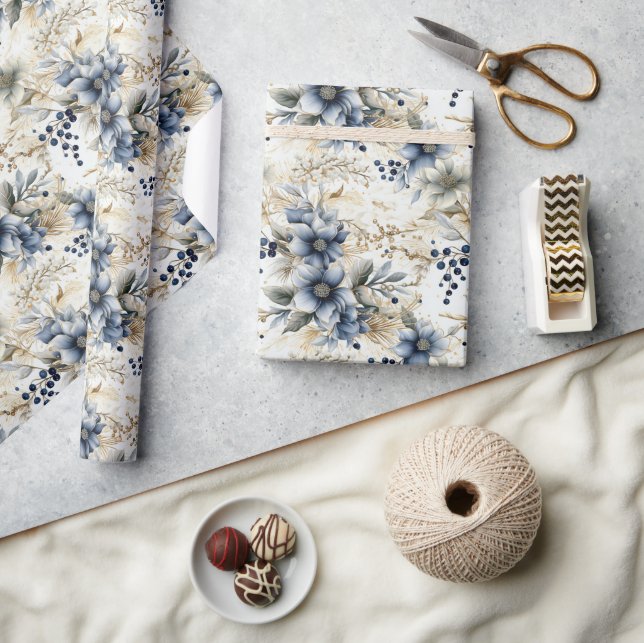 Papel De Presente Belo Natal Azul Flores do Natal (Artesanato)