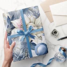 Papel De Presente Belo Natal Azul Flores do Natal
