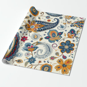 Papel De Presente Belo Padrão de Paisley Amarelo Azul