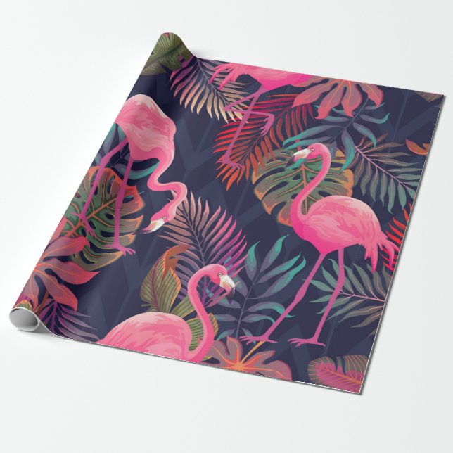 Papel De Presente Belo padrão tropical sem costura com flam rosa (Desenrolado)