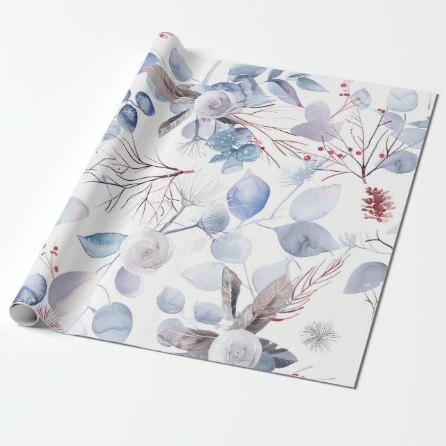 Papel De Presente Belo Pastel Blue Wnter Floral (Desenrolado)