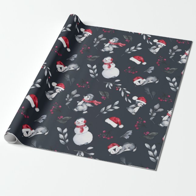 Papel De Presente Belo Pinguins de Natal Enrolando Papel (Desenrolado)