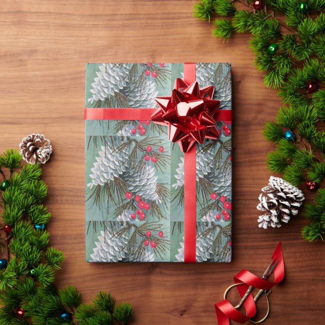 Papel De Presente Belo Pinheiro Neve Cones Pine Branches Red Berry (Presente de Natal)