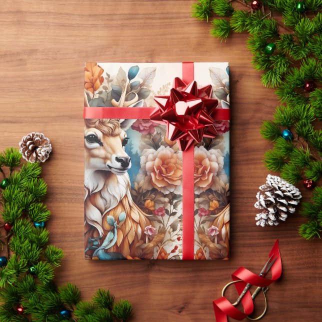 Papel De Presente Belo Stag entre flores (Presente de Natal)