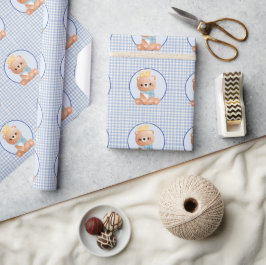 Papel De Presente Belo Urso Azul Gingham