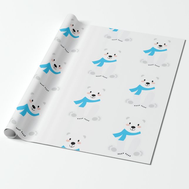 Papel De Presente Belo Urso Polar Branco Azul (Desenrolado)