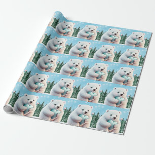 Papel De Presente Belo Urso Polar Corações Crianças Maravilha de inv
