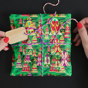 Papel De Presente Belo vintage retro sinos coloridos verde de Natal