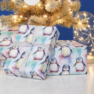 Papel De Presente Belo Watercolor Bebê Pinguim Natal