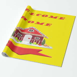 PAPEL DE PRESENTE BEM-VINDO A CASA VERMELHO E DESIGN AMARELO CANÁRIO