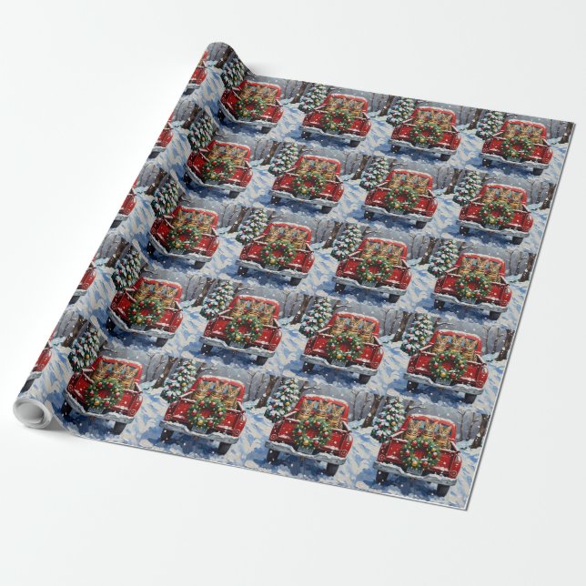 Papel De Presente Bengal Cat Christmas Red Truck Holiday (Desenrolado)