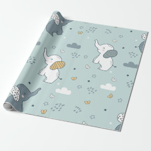 Papel De Presente Berçário de Elefante Bebê Fofo Azul Kawaii
