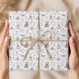 Papel De Presente Berçário de Urso de Pelúcia Floral Azul e Coelho