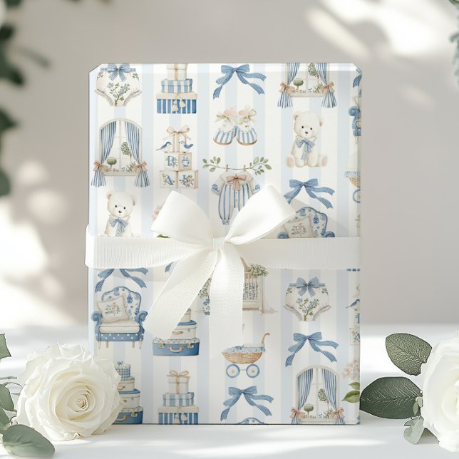 Papel De Presente Berço Francês de Bebê Coquette Chuvinha Azul (Criador carregado)