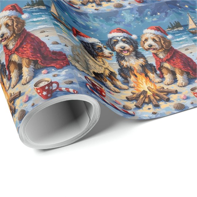 Papel De Presente Bernedoodle Christmas Bonfire Beach Holiday (Ponta do rolo)