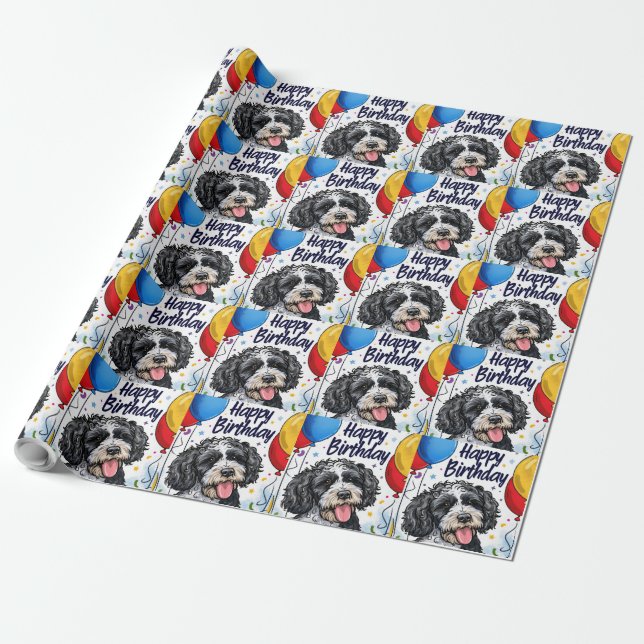 Papel De Presente Bernedoodle com Balões (Desenrolado)