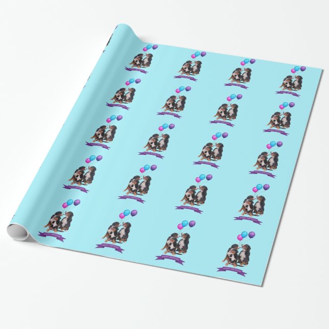Papel De Presente Bernese Mountain Dogs Feliz Aniversário (Desenrolado)