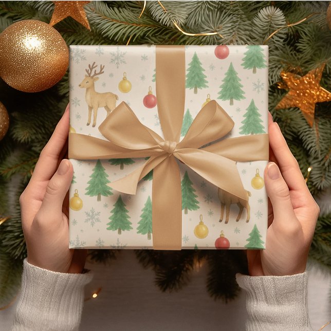 Papel De Presente Berrendas de Aquarela e Árvore de Natal - (Criador carregado)