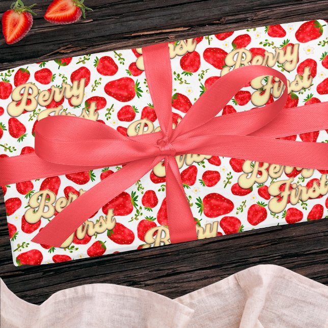 Papel De Presente Berry 1º Aniversário Rosa Branco Morango Dourado (Criador carregado)