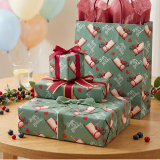 Papel De Presente Berry Sweet Birthday Cake Pattern Wrapping Paper