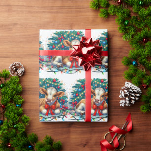 Papel De Presente Bezerro Deitado Ao Pé Da Árvore De Natal