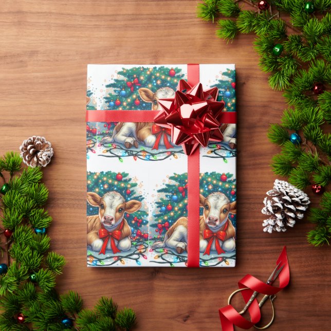 Papel De Presente Bezerro Deitado Ao Pé Da Árvore De Natal (Presente de Natal)