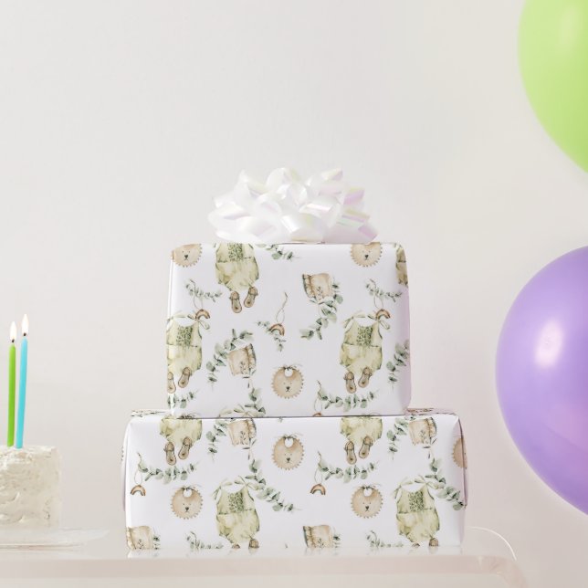 Papel De Presente Bibe para Bebê Boho Padrão de Folhagem (Presentes para festas)