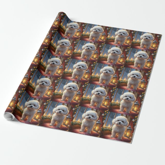 Papel De Presente Bichon Frise Com Luzes De Natal Feriado (Desenrolado)