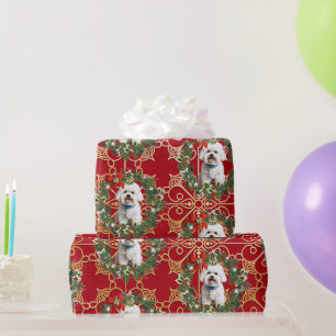 Papel De Presente Bichon Frise de Natal em Fundo de Floco de Neve Ve