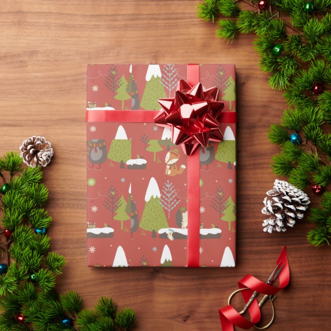 Papel De Presente Bichos da Floresta Vermelha Bonita Natal (Presente de Natal)
