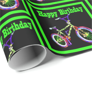 Papel De Presente Bicicleta Com Cores Verdes Neon Feliz Aniversário
