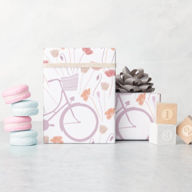 Papel De Presente Bicicleta Vintage Floral Primavera Coral Lavanda (Chá de bebê)