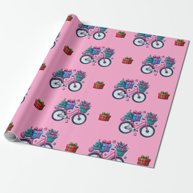 Papel De Presente Bicicletas Xmas Bonitas Molho Azul-Rosa-Rosa-Rosa- (Desenrolado)