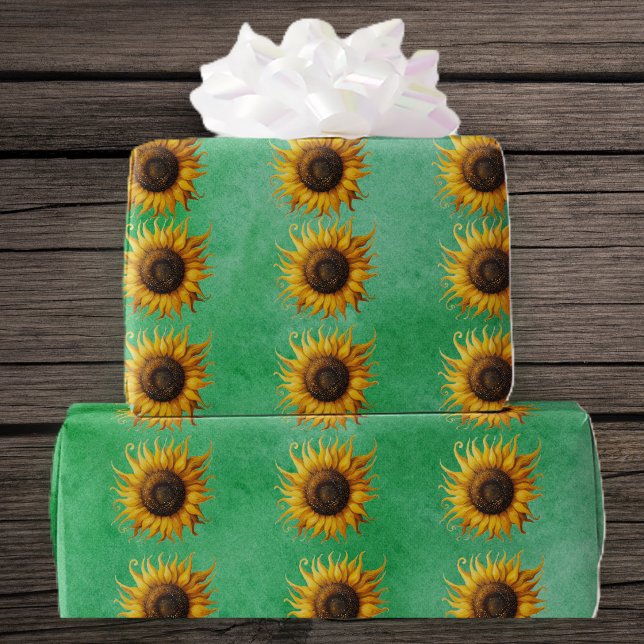 Papel De Presente Big yellow Sunflowers Fancy Petals on Green (Big yellow brown sunflowers fancy petals on green roll of gift wrapping paper.)