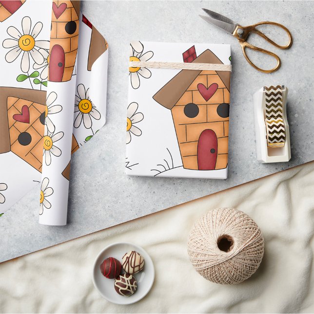Papel De Presente Birdhouse E Flores (Criador carregado)