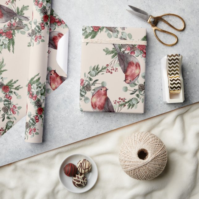 Papel De Presente Birds Floral Berries Natal (Artesanato)